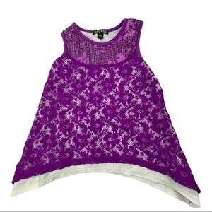 George‎ Girls Tank Top Size XS Sequin Lace Overlay Shark Bite Hem Purple White